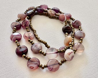 Purple Banded Agate Necklace Bohemian Jewelry Handmade Gemstone Necklace Long Bead Necklaces Purple Beaded Necklace Boho Jewelry
