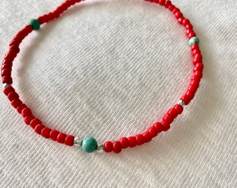 Anklet, Turquoise and Red Anklet, Stretchy Anklet, Ankle Bracelet, Unique Jewelry, Boho Jewelry, Handmade, Body Jewelry, Gifts for Her