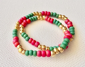 Colorful Beaded Anklet, Green Pink Gold Anklet, Stretch Anklet, Boho Beach Jewelry, Summer Anklet, Handmade Anklet, Handmade Jewelry