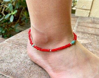 Anklet, Turquoise and Red Anklet, Stretchy Anklet, Ankle Bracelet, Unique Jewelry, Boho Jewelry, Handmade, Body Jewelry, Gifts for Her