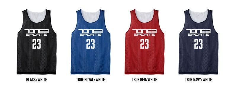 May include: Four reversible basketball jerseys in black, blue, red, and navy, each with white accents. The jerseys feature the text "JONES SPORTS" and the number "23" in white. The bottom of the image displays the color combinations: Black/White, True Royal/White, True Red/White, and True Navy/White.