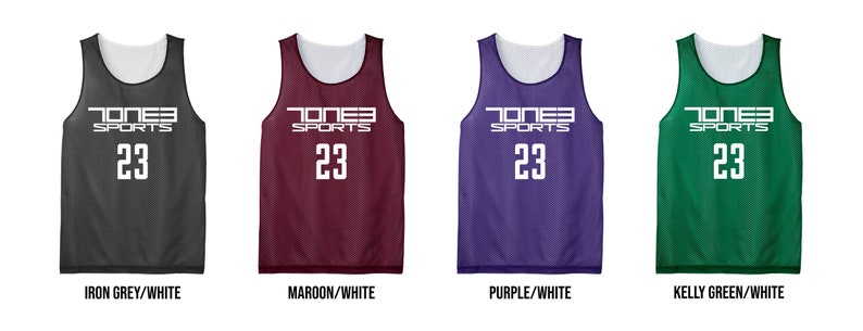May include: Four reversible athletic jerseys in iron grey, maroon, purple, and kelly green. Each jersey has a white interior and features the text "JONES SPORTS" and the number "23" in white.