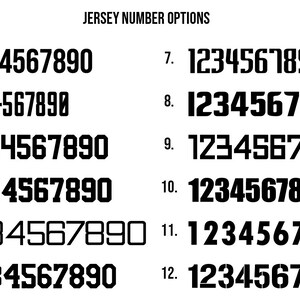 May include: Image displaying twelve different black jersey number options, each with the numbers 1 through 0. The text "JERSEY NUMBER OPTIONS" is at the top. The numbers vary in font style and thickness.