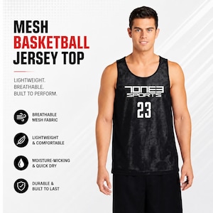 May include: Black mesh basketball jersey top with the text "JONES SPORTS 23" in white. The jersey is lightweight, breathable, and built to perform. The image also includes the text "MESH BASKETBALL JERSEY TOP".