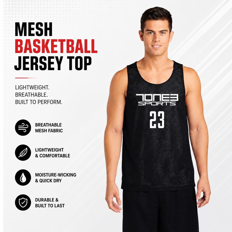 May include: Black mesh basketball jersey top with the text "JONES SPORTS 23" in white. The jersey is lightweight, breathable, and built to perform. The image also includes the text "MESH BASKETBALL JERSEY TOP".