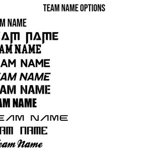 May include: A black and white graphic displaying ten different stylized text options for "TEAM NAME". The text styles vary from bold block letters to a cursive font. The words "TEAM NAME OPTIONS" are at the top.