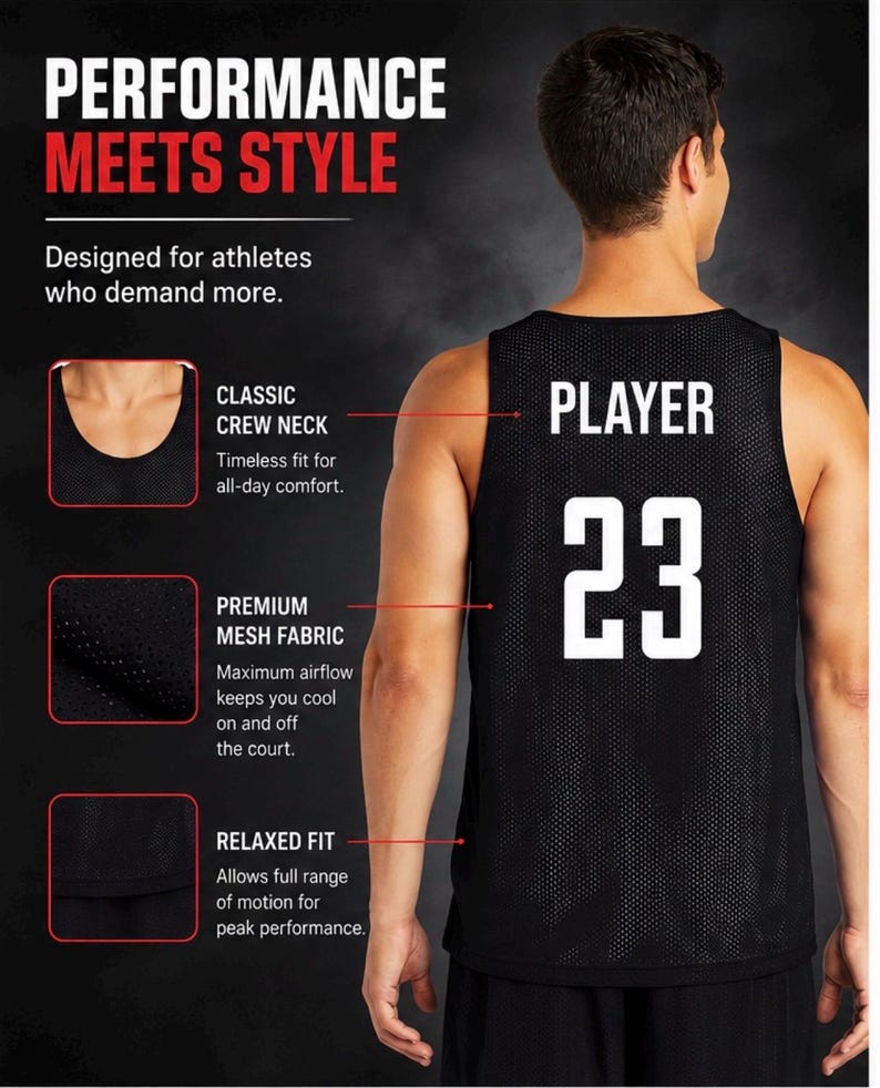 May include: Black mesh athletic jersey with the word "PLAYER" and the number "23" in white. The jersey features a classic crew neck and relaxed fit. The text "PERFORMANCE MEETS STYLE" is at the top.
