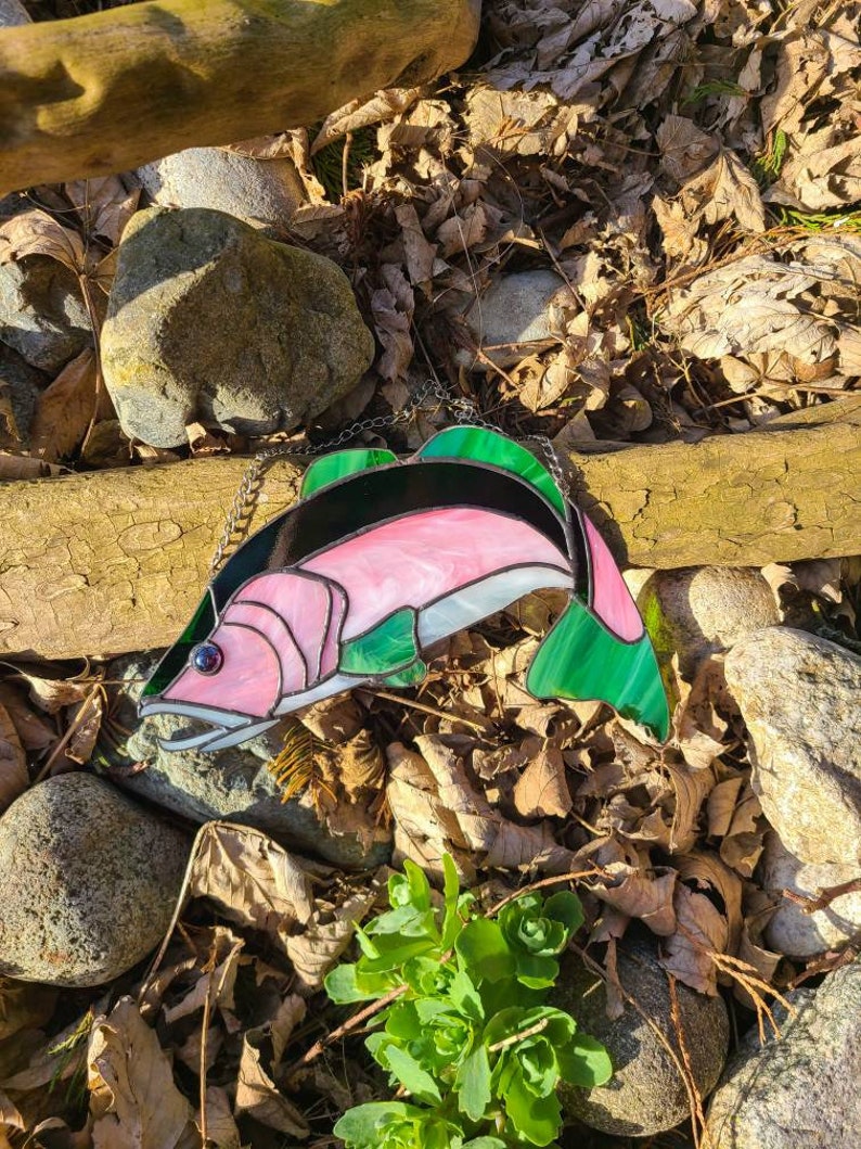 Stained Glass Rainbow Trout Fishing Cabin Decor | Etsy