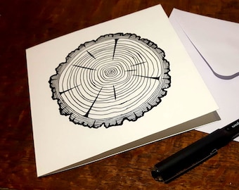Hand-Drawn Original - Pine Log Slice Greeting Card - Pen and Ink Illustration