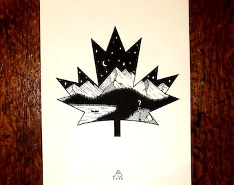Hand-Drawn Original - Mountain Maple Leaf - Canadian Pen and Ink Illustration