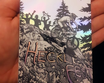Holographic Sticker - Heckler's Rock - Crankworx Whistler BC - Pen and Ink Illustration