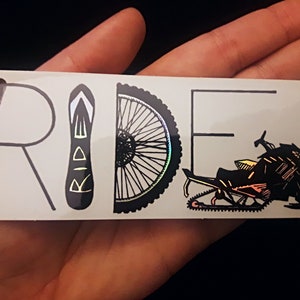 Holographic Sticker - RIDE Mountain Sports - Pen and Ink Illustration - MTB Ski Snowboard Sled