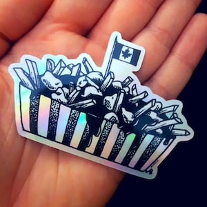 Naklejka holograficzna - Flaga Kanady na Poutine - Kanadyjska ilustracja piórem i tuszem