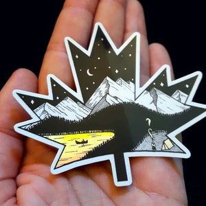 Holografische Sticker - Mountain Maple Leaf - Canadese Pen en Inkt Illustratie