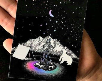 Large Holographic Sticker - Campfire in the Mountains - Pen and Ink Illustration