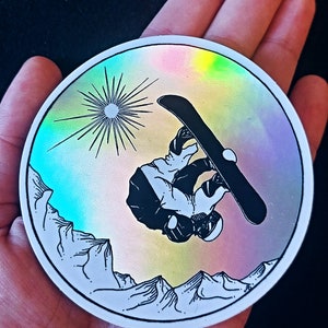 Holographic Sticker - Slopestyle Freestyle Snowboarding - Pen and Ink Illustration