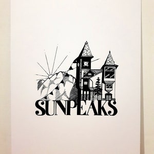 Print - Sun Peaks BC Village and Mountains - Pen and Ink Illustration