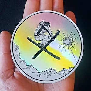 Holographic Sticker - Slopestyle Freestyle Skiing - Pen and Ink Illustration