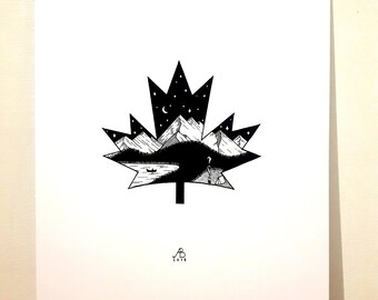 May include: Black and white illustration of a maple leaf with a mountain range, lake, and night sky inside. The leaf is outlined in black and the interior details are filled in with black. The image is signed "AB 2018" in the bottom center.