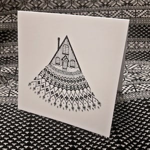 Weihnachtskarte - A-Rahmen Cabin Kuscheliger Strickpullover - Pen and Ink Illustration