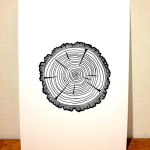 Puede incluir: Dibujo en blanco y negro de una sección transversal de un tronco de árbol que muestra los anillos. Los anillos son círculos concéntricos con un pequeño círculo en el centro.