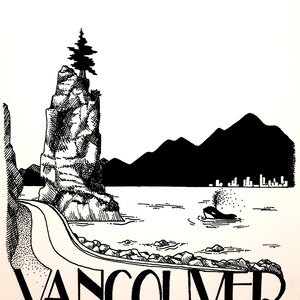 May include: Black and white illustration of a rocky island with a pine tree on top, a killer whale swimming in the water, and the text "VANCOUVER" at the bottom.