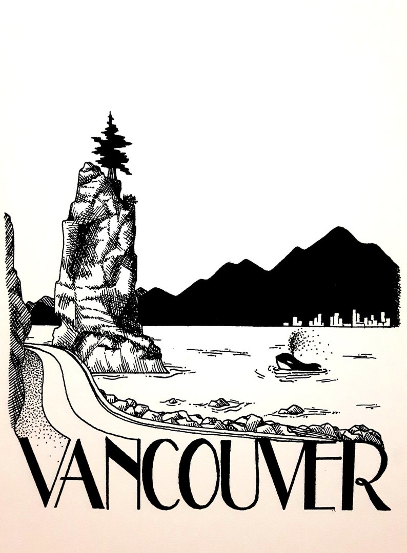 May include: Black and white illustration of a rocky island with a pine tree on top, a killer whale swimming in the water, and the text "VANCOUVER" at the bottom.