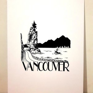 May include: Black and white illustration of a rocky island with a tree on top, a winding road leading to the island, and a city skyline in the background. The text "VANCOUVER" is written below the image.