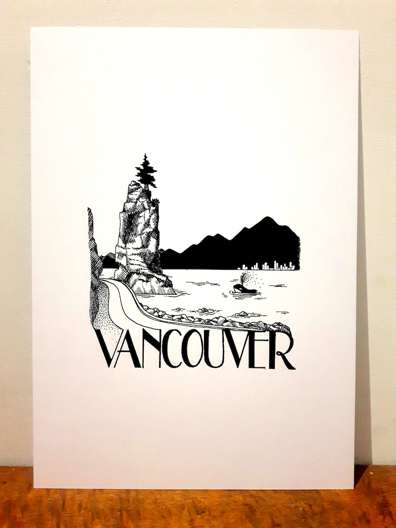 May include: Black and white illustration of a rocky island with a tree on top, a winding road leading to the island, and a city skyline in the background. The text "VANCOUVER" is written below the image.