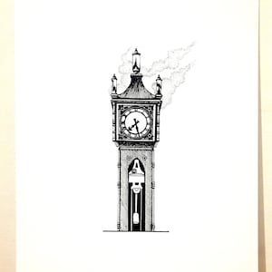 May include: A black and white ink illustration of a tall clock tower with a circular clock face, Roman numerals, and a visible pendulum swinging inside the lower section. Wisps of smoke or steam rise from the top of the structure in this drawing.
