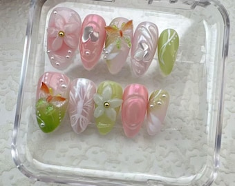 Handmade 3D Floral Press On Nails: Custom Gel Nail Art