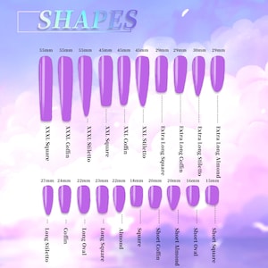 May include: A chart showing different nail shapes and their corresponding lengths in millimetres. The shapes include square, coffin, stiletto, almond, oval, and short versions of each. The chart is on a pink and purple background.