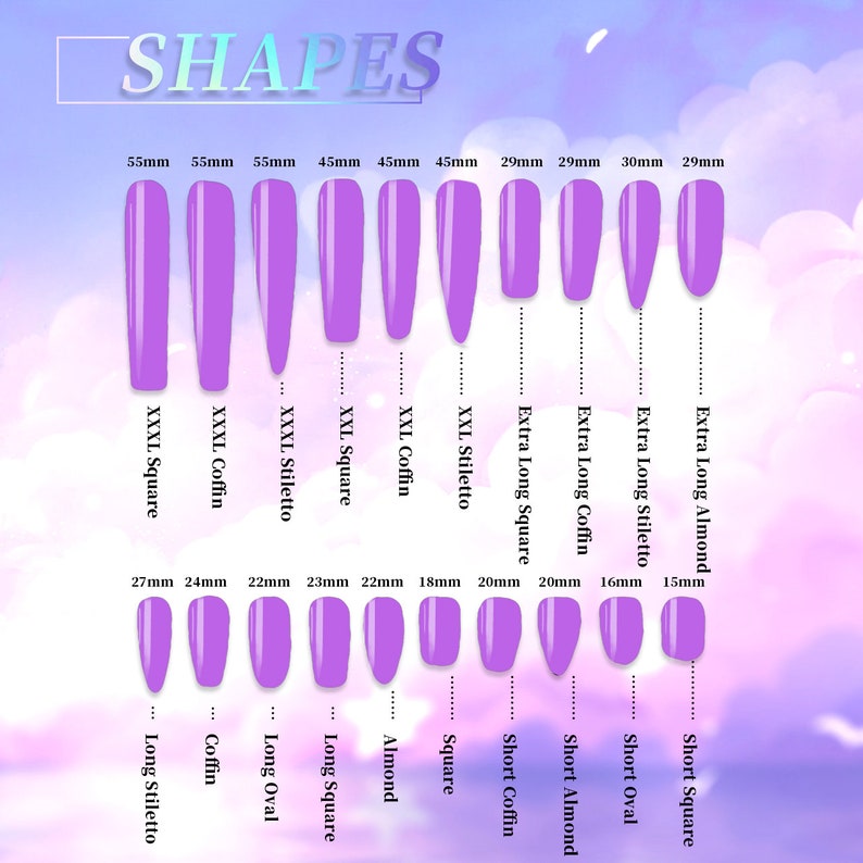 May include: A chart showing different nail shapes and their corresponding lengths in millimetres. The shapes include square, coffin, stiletto, almond, oval, and short versions of each. The chart is on a pink and purple background.