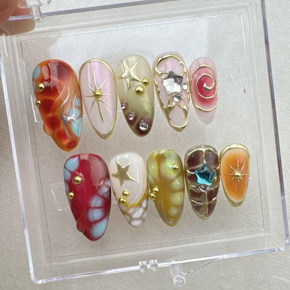 Hand drawn nails\Gift Nails \custom press on nails\hand made Press on Nails\Faux Acrylic Nails\Gel Nails\Press on Nails