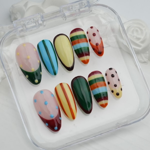 Striped French Press On Nails: Custom Starburst, Glitter Accent