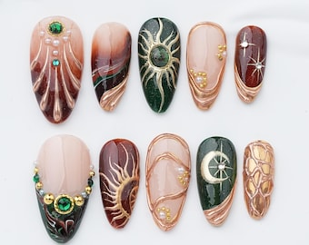 Unhas postiças celestiais com sol e lua, unhas olho de gato verdes, conjunto de unhas de luxo feitas à mão, unhas esmeralda místicas.