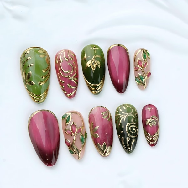Hand-Painted Press On Nails: Custom Faux Acrylic Gel Nails。gift for her
