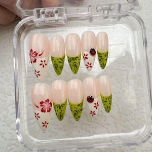 Handmade Floral Press On Nails: 3D Ladybug, Custom Gel Nail Set