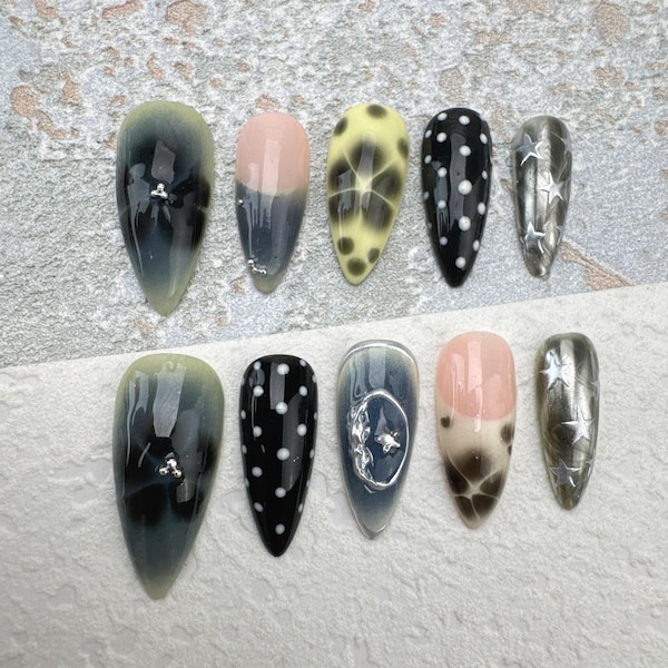 Unhas de acrílico postiças desenhadas à mão: unhas de gel personalizadas com efeito acrílico