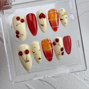 Handmade Cherry Press On Nails: Custom Gel Faux Acrylic Nails