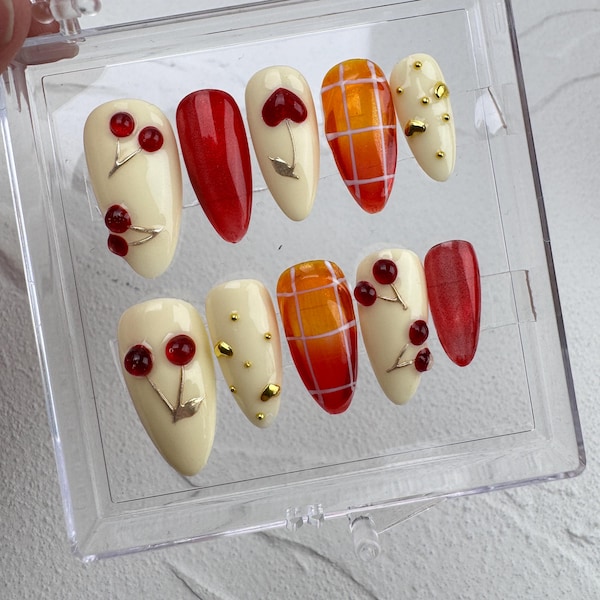 Handmade Cherry Press On Nails: Custom Gel Faux Acrylic Nails