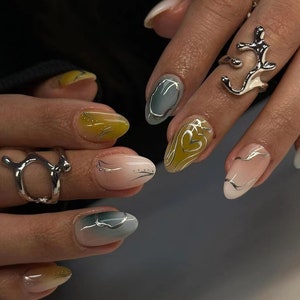 Hand Drawn Press On Nails: Custom Gel Faux Acrylic Nails