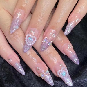 Handmade 3D Press On Nails: Pearl Heart, Bow, Glitter Gel Nails