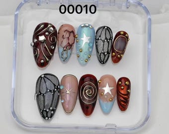handmade Custom Press On Nails: Long Almond, Party Wedding Nails