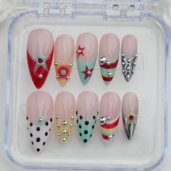 Striped French Press On Nails: Custom Starburst, Glitter Accent
