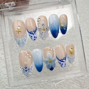 3D Flower Press On Nails: Hand-Drawn Blue Floral Gel Nails