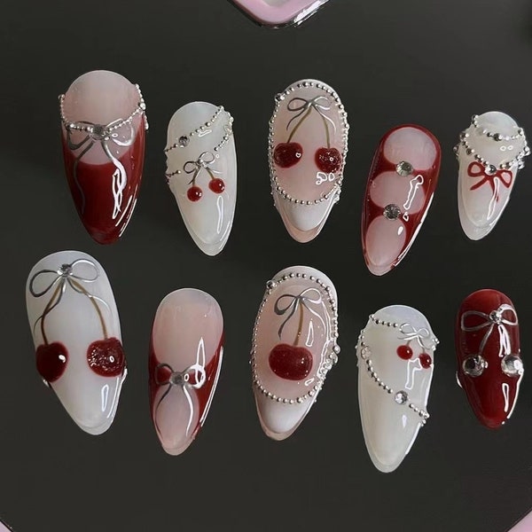 Handmade Cherry Bow Press On Nails: Custom Gel Faux Acrylic Nails