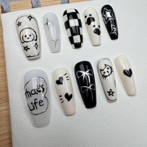 Hand Drawn Press On Nails: Custom Gel Faux Acrylic Nails