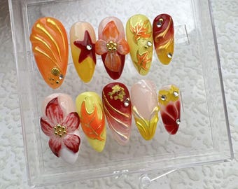Handmade Fall Floral Press On Nails: Custom Gel Nail Art