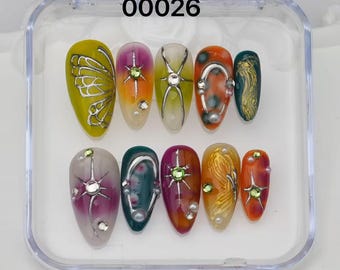 handmade Custom Press On Nails: Long Almond, Party Wedding Nails